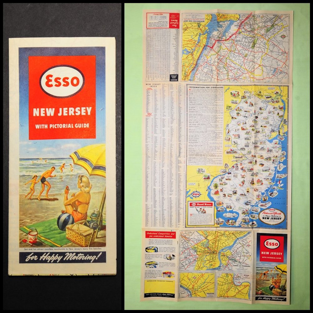 VTG 1948 Esso NEW JERSEY Travel Road Map & Pictorial Guide Wall Decor Grad Gift
